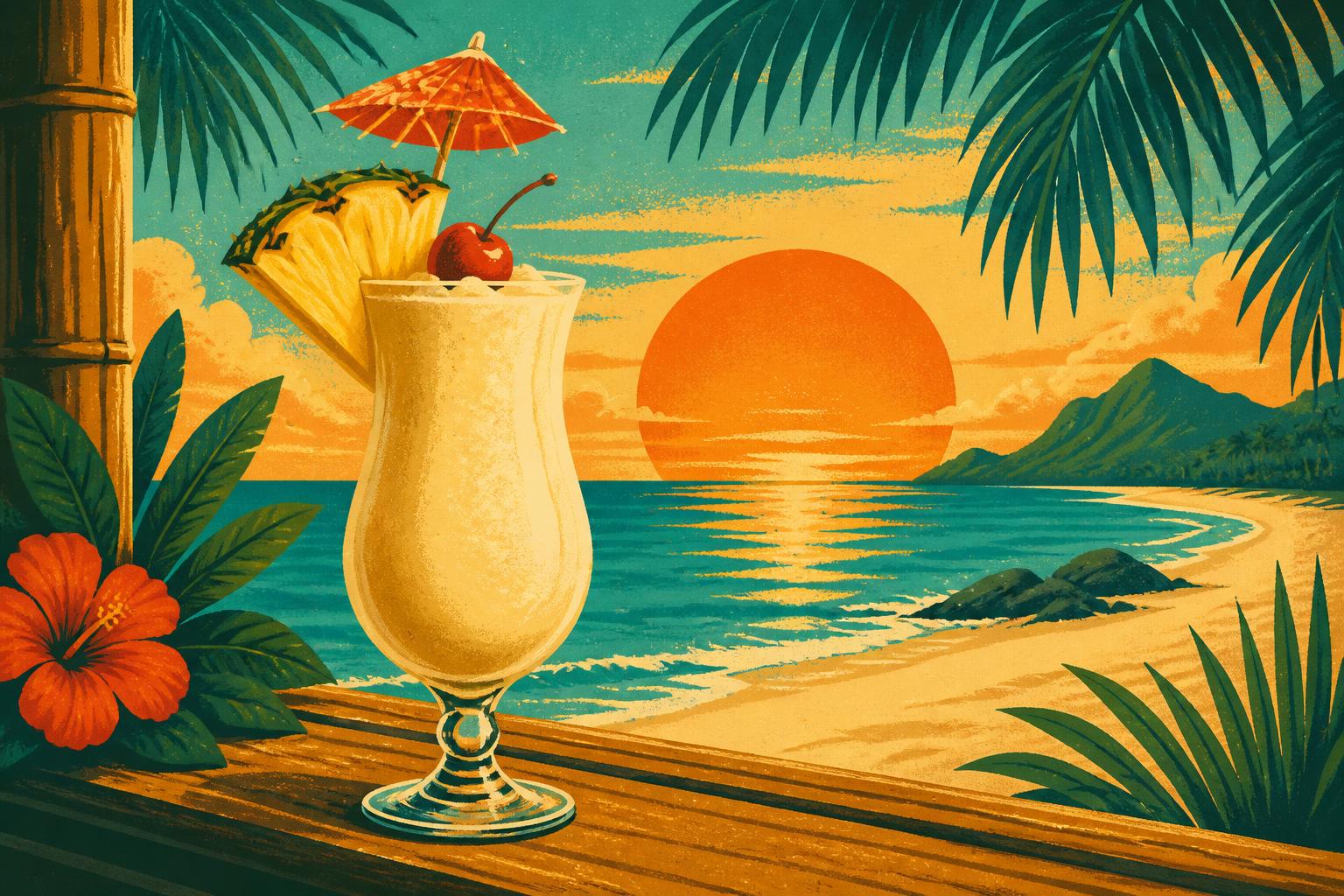 Illustrated pina colada on a beach bar counter at sunset